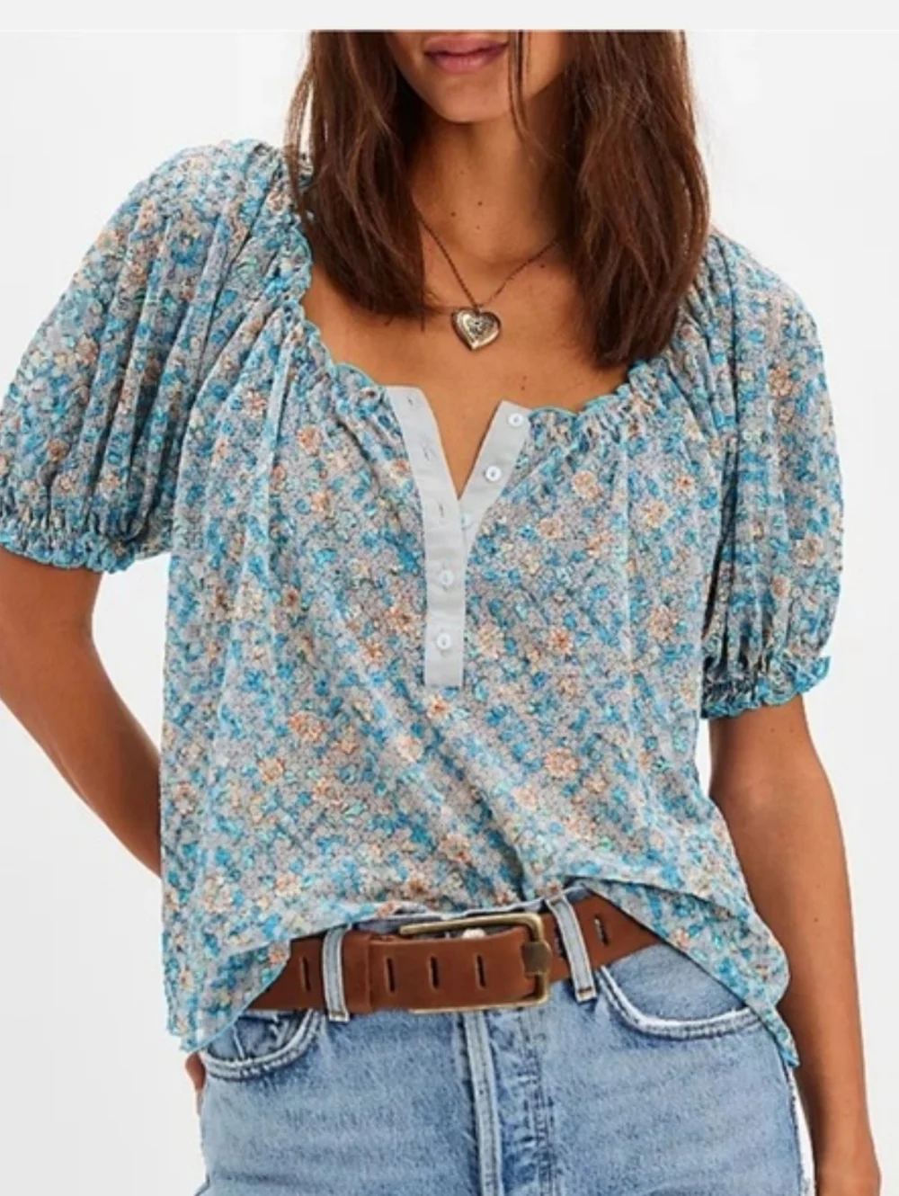 Free People Astra Peasant Top in Blue Daisy Floral Print Size Medium - Picture 1 of 6